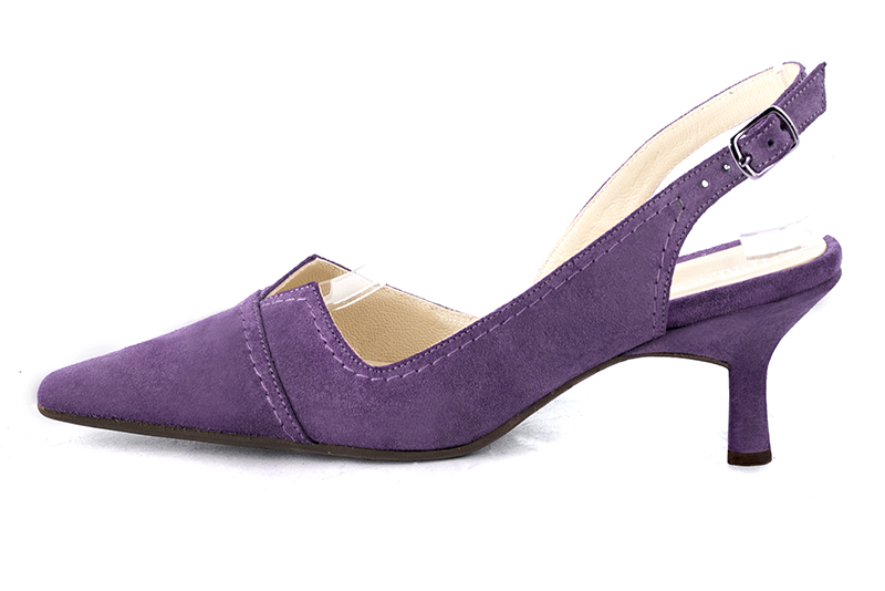 Chaussure femme à brides :  couleur violet améthyste. Bout effilé. Talon mi-haut bobine. Vue de profil - Florence KOOIJMAN