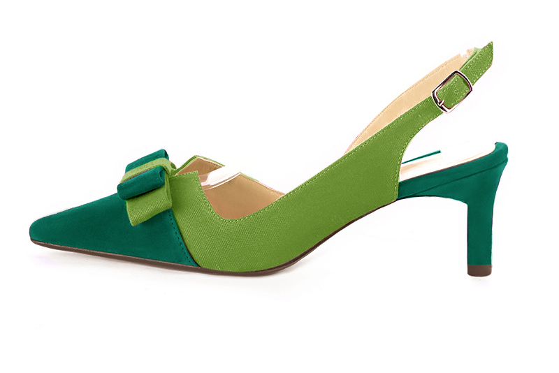 Chaussure femme à brides :  couleur vert émeraude. Bout effilé. Talon mi-haut virgule. Vue de profil - Florence KOOIJMAN