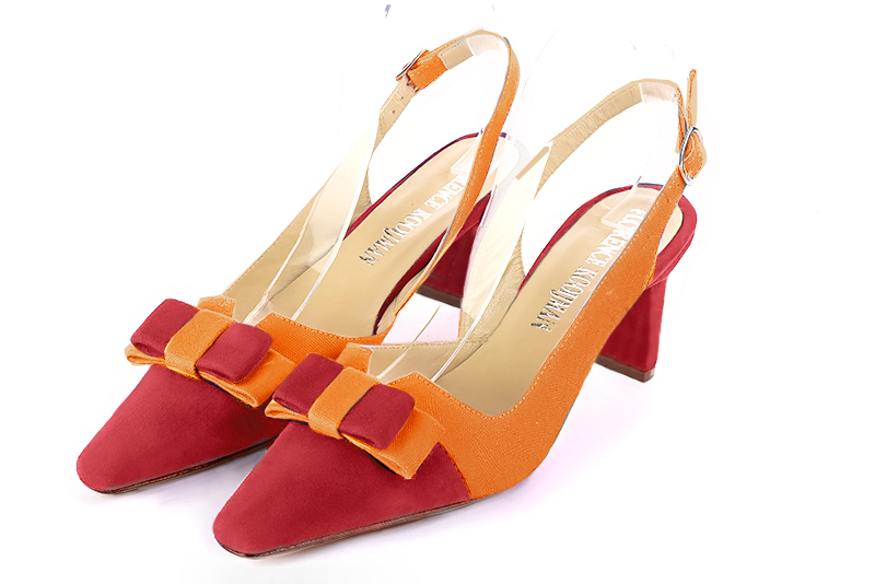 Chaussure femme à brides :  couleur rouge coquelicot et orange abricot. Bout effilé. Talon mi-haut virgule Vue avant - Florence KOOIJMAN