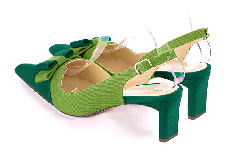 Chaussure femme à brides :  couleur vert émeraude. Bout effilé. Talon mi-haut virgule. Vue arrière - Florence KOOIJMAN