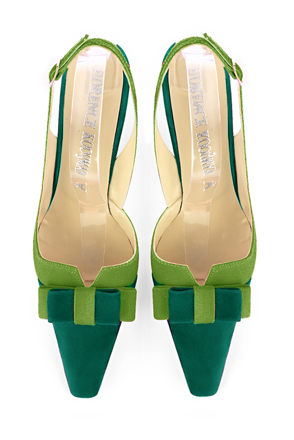 Chaussure femme à brides :  couleur vert émeraude. Bout effilé. Talon mi-haut virgule. Vue du dessus - Florence KOOIJMAN