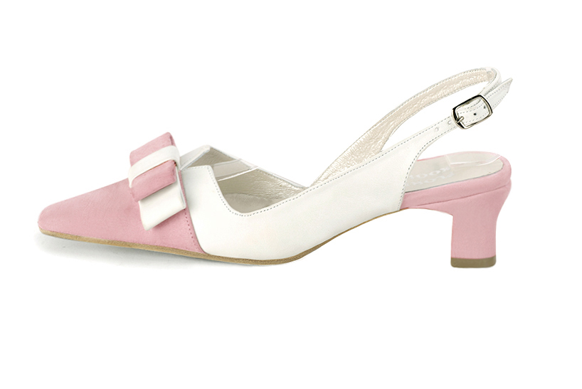 Chaussure femme à brides :  couleur rose pâle et blanc cassé. Bout effilé. Petit talon trotteur. Vue de profil - Florence KOOIJMAN
