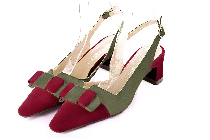 Chaussure femme à brides :  couleur rouge bordeaux et vert kaki. Bout effilé. Petit talon trotteur Vue avant - Florence KOOIJMAN