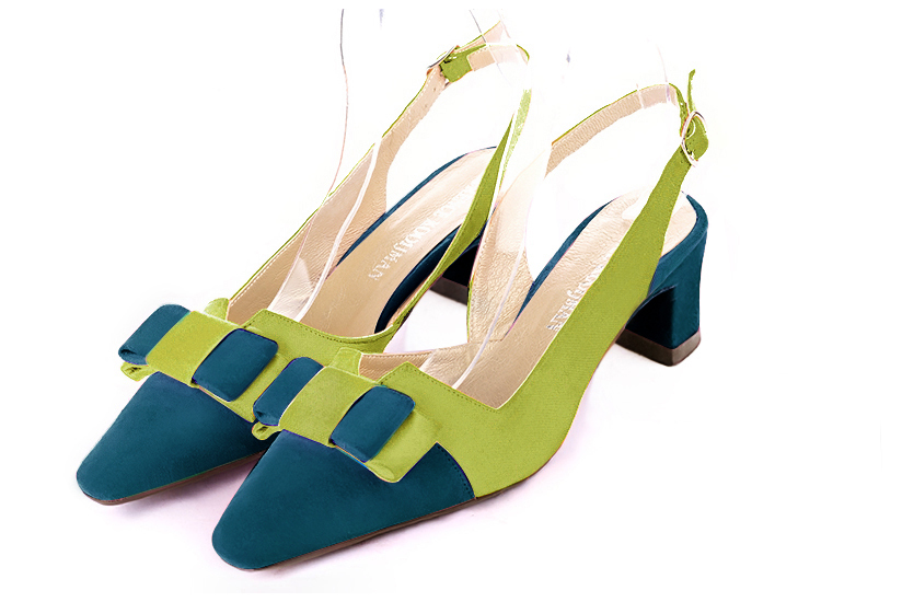Chaussure femme à brides :  couleur bleu canard et vert pistache. Bout effilé. Petit talon trotteur Vue avant - Florence KOOIJMAN
