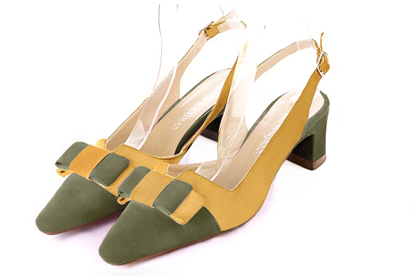 Chaussure femme à brides :  couleur vert kaki et jaune ocre. Bout effilé. Petit talon trotteur Vue avant - Florence KOOIJMAN