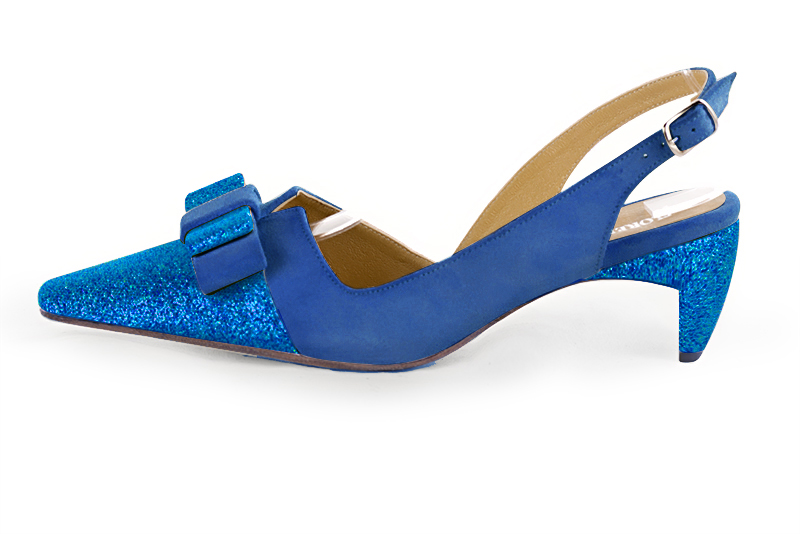 Chaussure femme à brides :  couleur bleu électrique. Bout effilé. Talon mi-haut virgule. Vue de profil - Florence KOOIJMAN