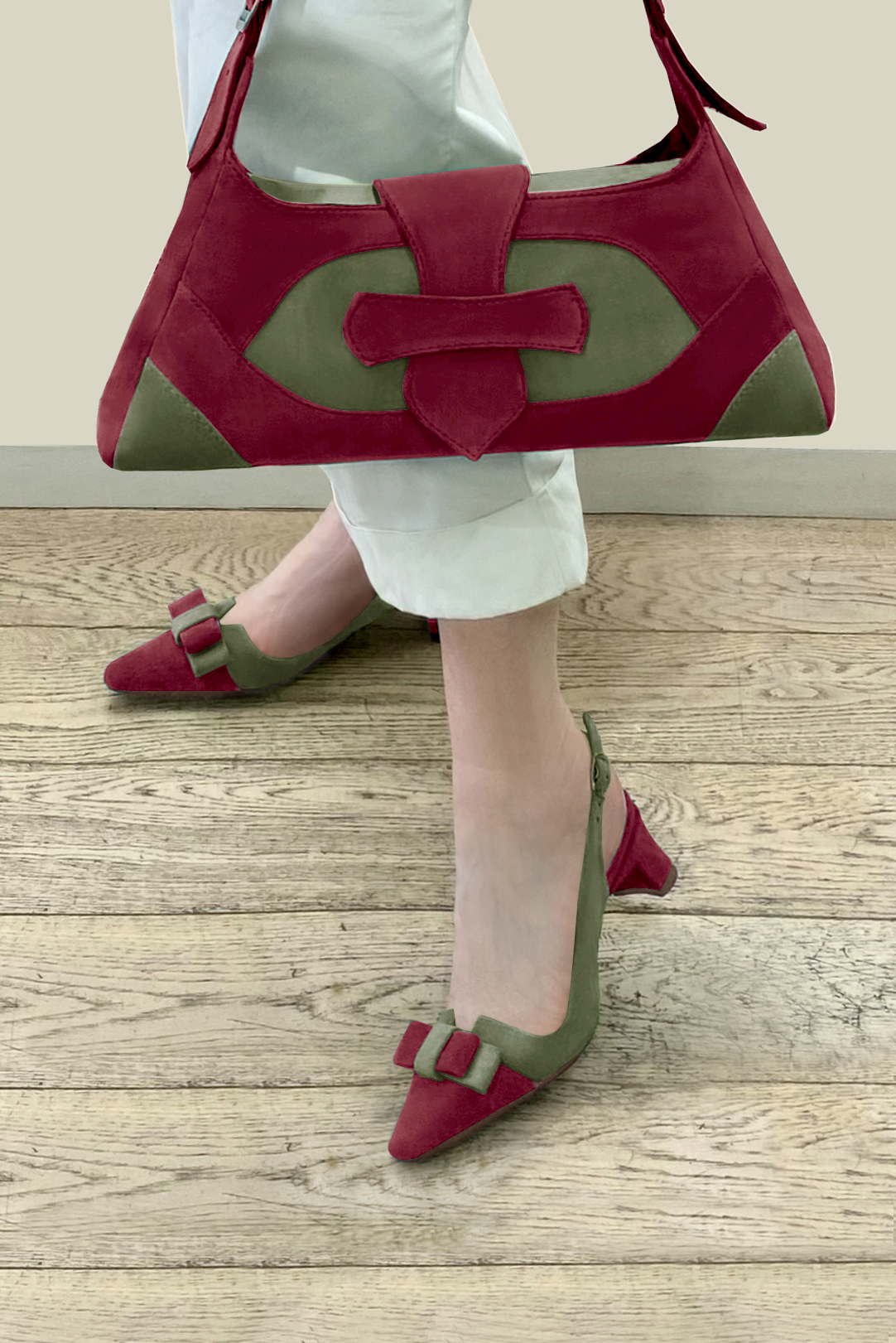 Chaussure femme à brides :  couleur rouge bordeaux et vert kaki. Bout effilé. Petit talon trotteur. Vue du dessus - Florence KOOIJMAN