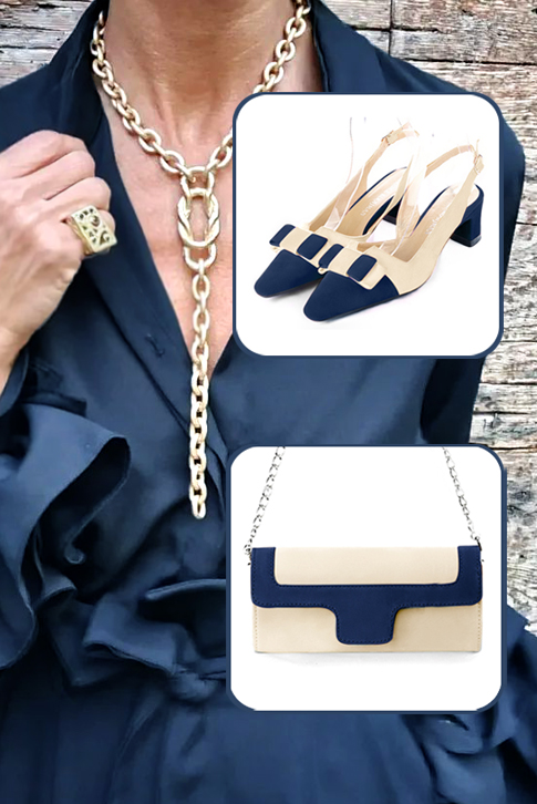 Escarpins bride arrière avec un noeud bleu marine et beige vanille. .  - Vue du dessus