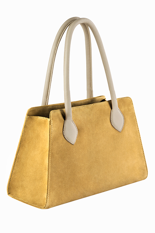 Sac à main jaune ocre et blanc ivoire haut de gamme. Personnalisation. Vue porté - Florence KOOIJMAN