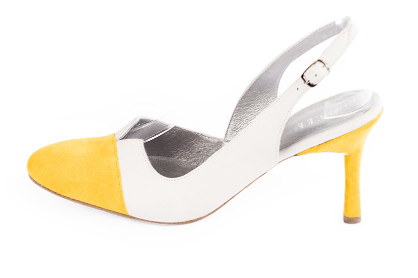Chaussure femme à brides :  couleur jaune soleil et blanc cassé. Bout rond. Talon haut fin. Vue de profil - Florence KOOIJMAN