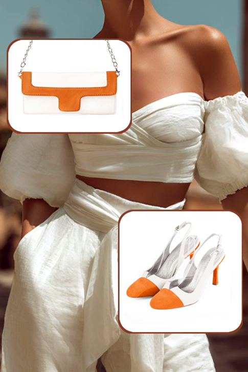 Escarpins bride arrière orange abricot et blanc cassé. Bout rond. Talon fin de 8 cm - Vue porté
