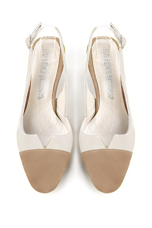 Chaussure femme à brides :  couleur beige sahara et blanc cassé. Bout rond. Talon mi-haut virgule. Vue du dessus - Florence KOOIJMAN