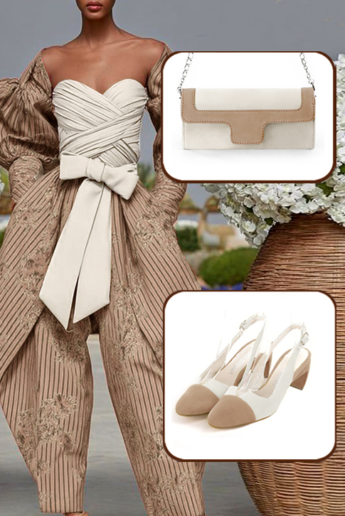 Escarpins bride arrière beige sahara et blanc cassé. Bout rond. Talon virgule de 5.5 cm - Vue du dessus