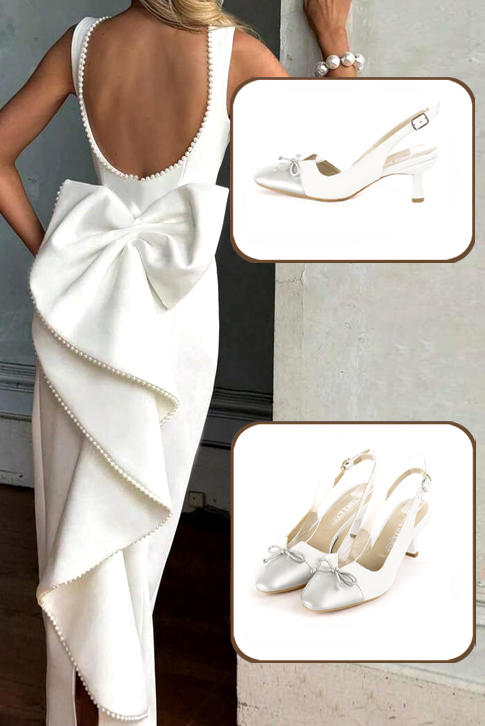 Escarpins nœud habillés bride arrière en cuir argent et blanc pur à talon bobine de 6 cm et bout rond - Vue du dessus