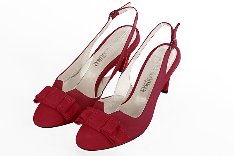 Chaussure femme à brides :  couleur rouge carmin. Bout rond. Talon mi-haut fin Vue avant - Florence KOOIJMAN