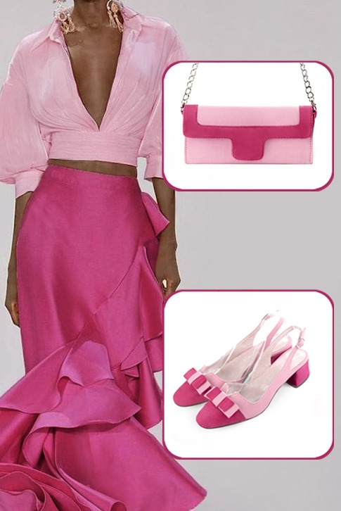 Escarpins bride arrière avec un noeud rose fuchsia et rose camélia. Bout rond. Talon évasé de 3.5 cm - Vue porté