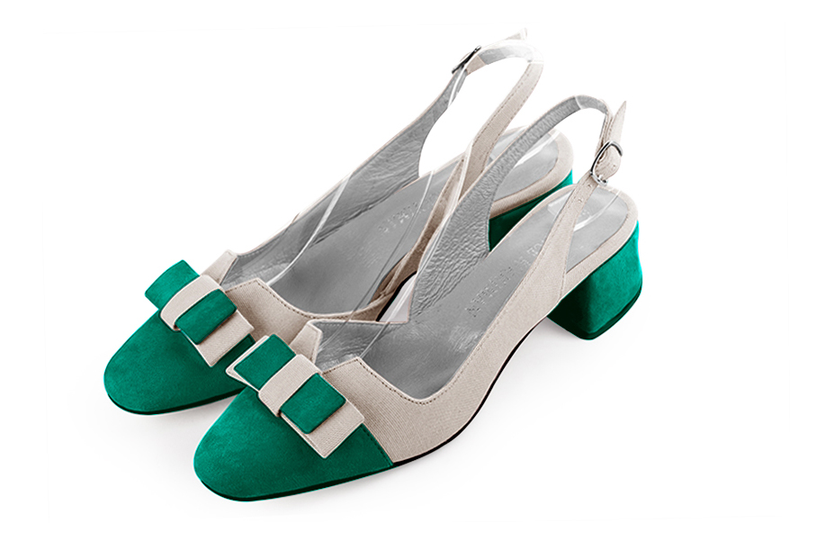 Chaussure femme à brides :  couleur vert émeraude et argent platine. Bout rond. Petit talon évasé Vue avant - Florence KOOIJMAN