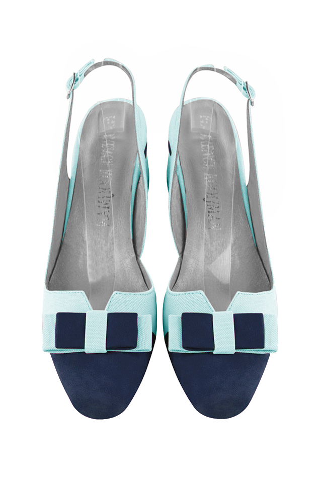 Escarpins bride arrière avec un noeud bleu marine et bleu lagon. Bout rond. Talon évasé de 3.5 cm - Vue du dessus