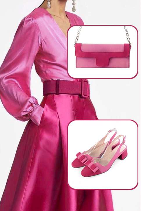 Escarpins bride arrière avec un noeud rose fuchsia et rose pétunia. Bout rond. Talon évasé de 3.5 cm - Vue porté