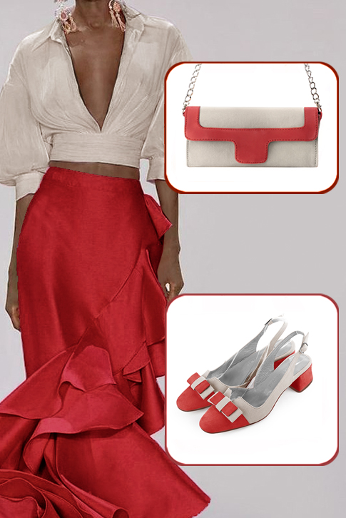 Escarpins bride arrière avec un noeud rouge coquelicot et or. Bout rond. Talon évasé de 3.5 cm - Vue porté