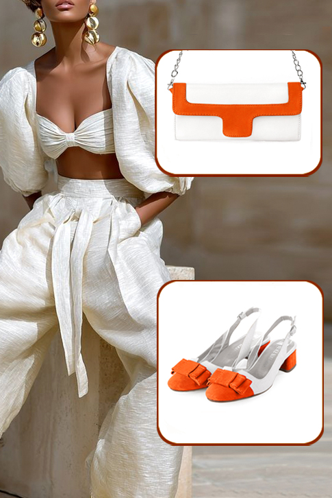 Escarpins bride arrière avec un noeud orange clémentine et blanc pur. Bout rond. Talon évasé de 3.5 cm - Vue porté