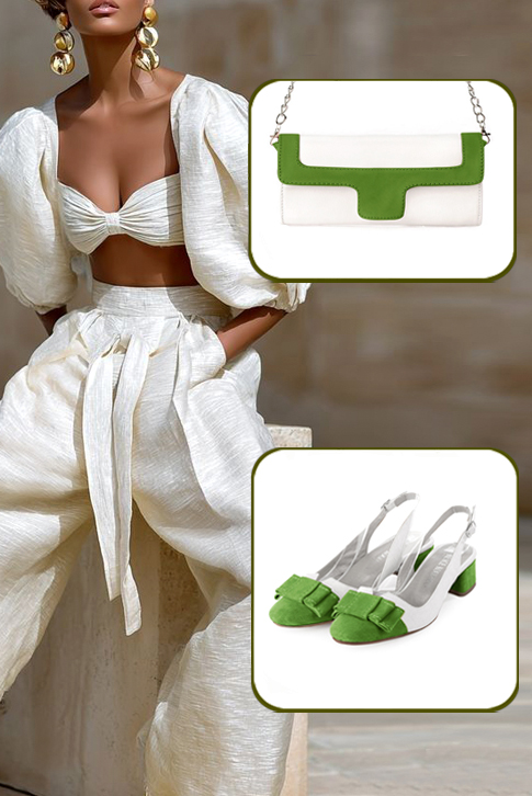 Escarpins nœud habillés bride arrière cuir vert anis et blanc pur à talon évasé de 3.5 cm et bout rond - Vue du dessus