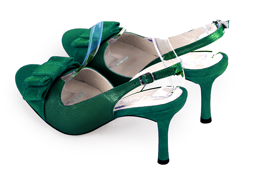Chaussure femme à brides :  couleur vert émeraude. Bout rond. Talon haut fin. Vue arrière - Florence KOOIJMAN