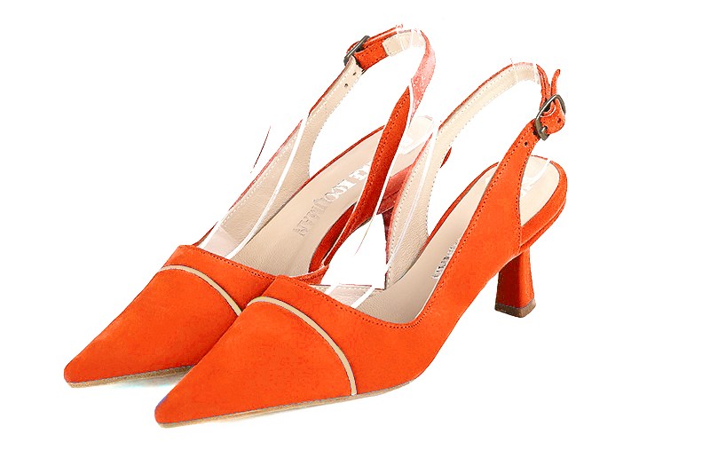 Chaussure femme à brides :  couleur orange clémentine et or doré. Bout pointu. Talon mi-haut bobine Vue avant - Florence KOOIJMAN