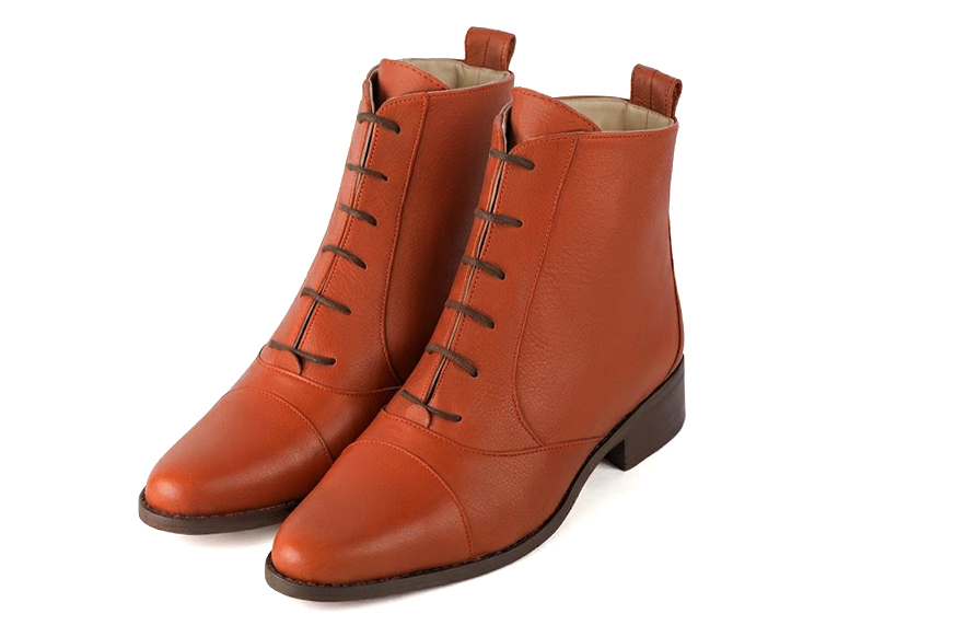 Bottines à laçage avant pour femme en cuir terracotta avec bout rond et semelle en cuir plate - Vue avant