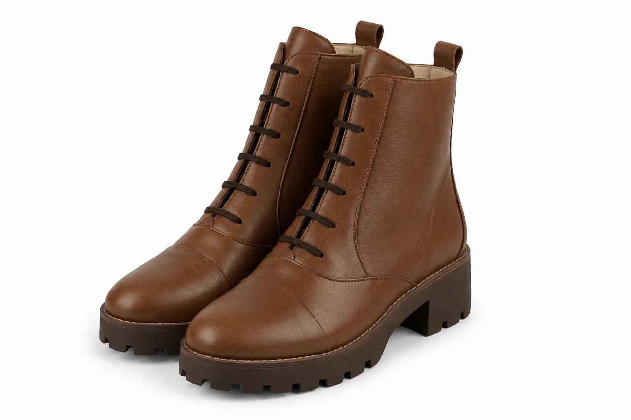 Bottines à laçage avant pour femme en cuir cognac avec bout rond et semelle crantée en gomme - Vue avant