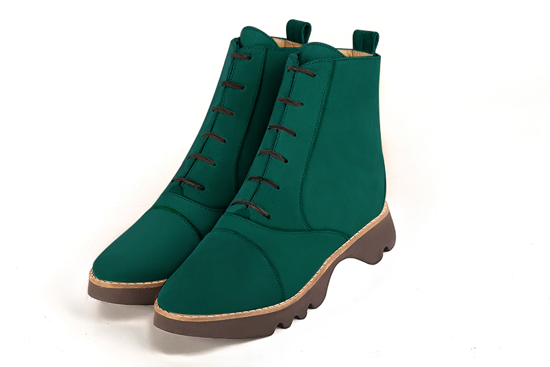 Boots femme : Bottines lacets à l'avant couleur vert émeraude. Vue avant - Florence KOOIJMAN