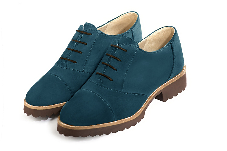 Chaussure femme à lacets : Derby sport couleur bleu canard. Bout rond. Semelle gomme talon plat Vue avant - Florence KOOIJMAN