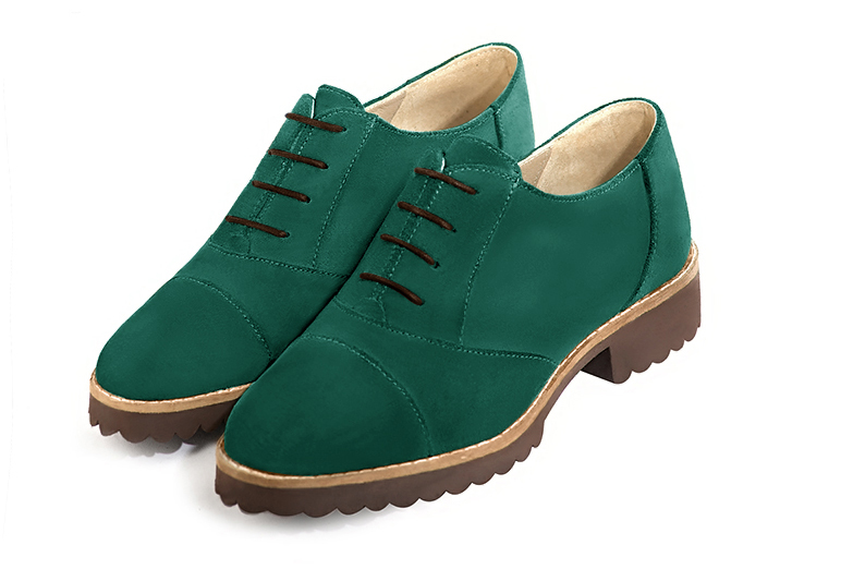 Chaussure femme à lacets : Derby sport couleur vert émeraude. Bout rond. Semelle gomme talon plat Vue avant - Florence KOOIJMAN