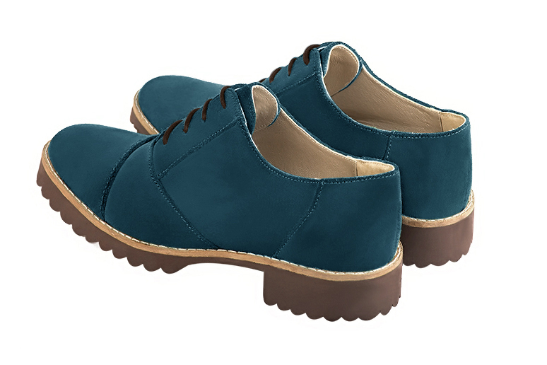 Chaussure femme à lacets : Derby sport couleur bleu canard. Bout rond. Semelle gomme talon plat. Vue arrière - Florence KOOIJMAN