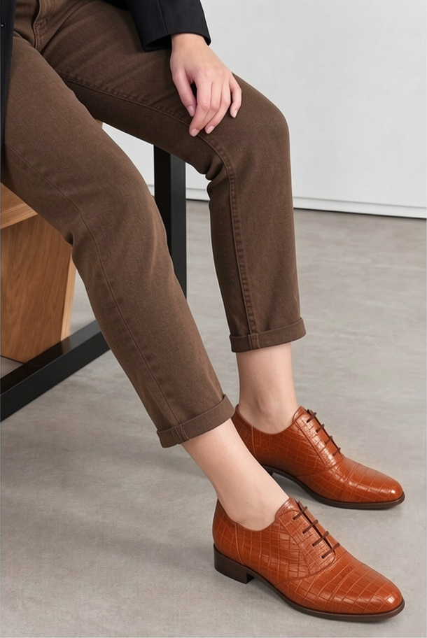 Derbies essentiels pour femme en cuir terracotta avec bout rond et semelle crantée en gomme - Vue du dessus