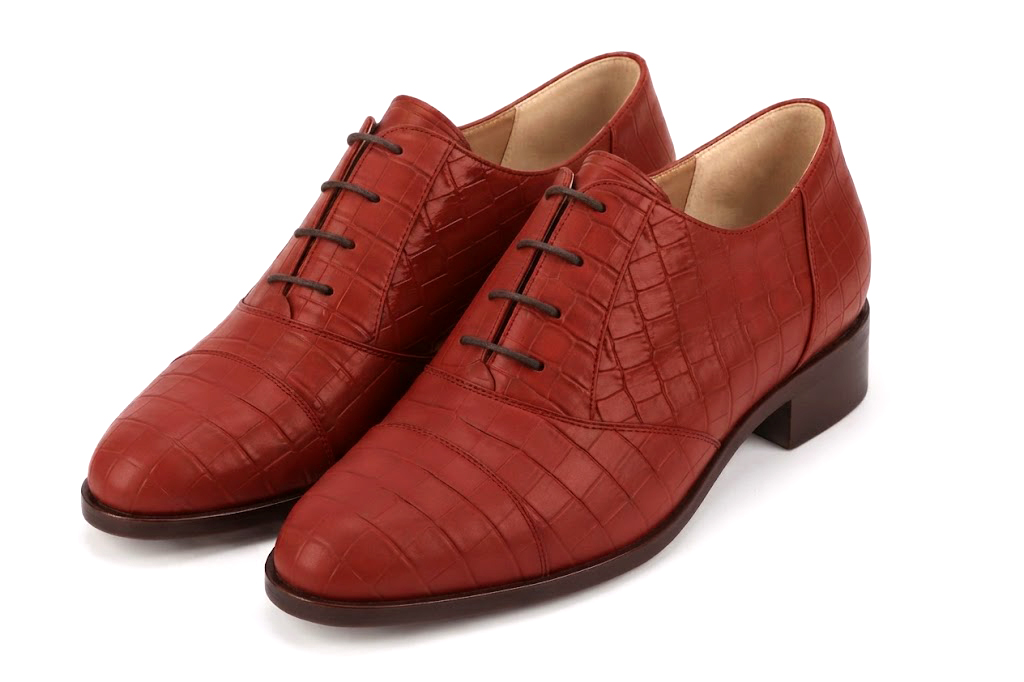 Derbies essentiels pour femme en cuir rouge avec bout rond et semelle crantée en gomme - Vue avant