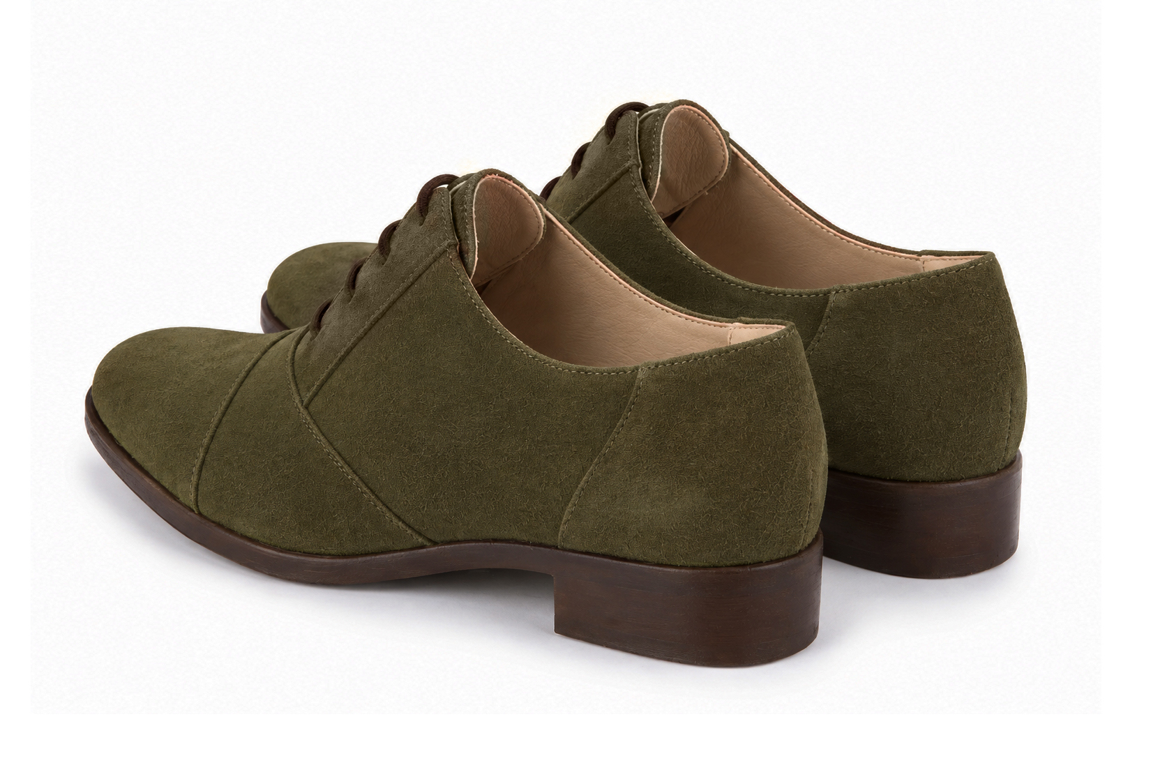 Derbies essentiels pour femme en cuir kaki avec bout rond et semelle crantée en gomme - Vue arrière