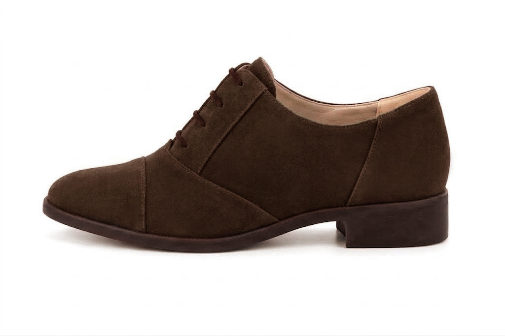 Derbies essentiels pour femme en cuir marron foncé avec bout rond et semelle crantée en gomme - Vue de profil