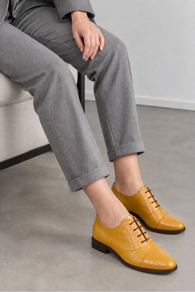 Derbies essentiels pour femme en cuir jaune moutarde avec bout rond et semelle crantée en gomme - Vue du dessus