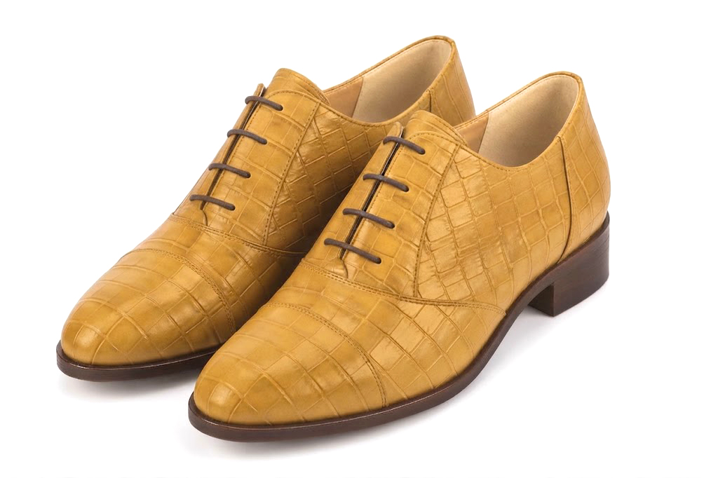 Derbies essentiels pour femme en cuir jaune moutarde avec bout rond et semelle crantée en gomme - Vue avant