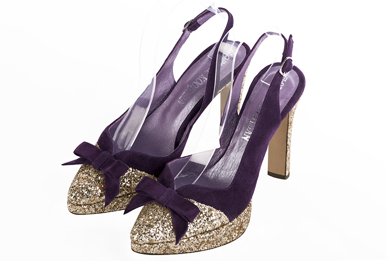 Chaussure femme à brides :  couleur or doré et violet améthyste. Bout effilé. Talon très haut fin. Plateforme à l'avant Vue avant - Florence KOOIJMAN
