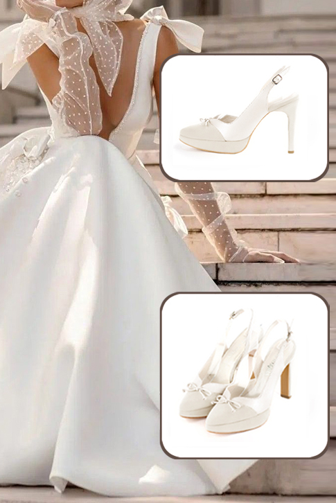 Escarpins nœud habillés bride arrière cuir blanc cassé et blanc pur à talon fin de 12.5 cm avec une plateforme de 2.5 cm à l'avant et bout effilé - Vue du dessus