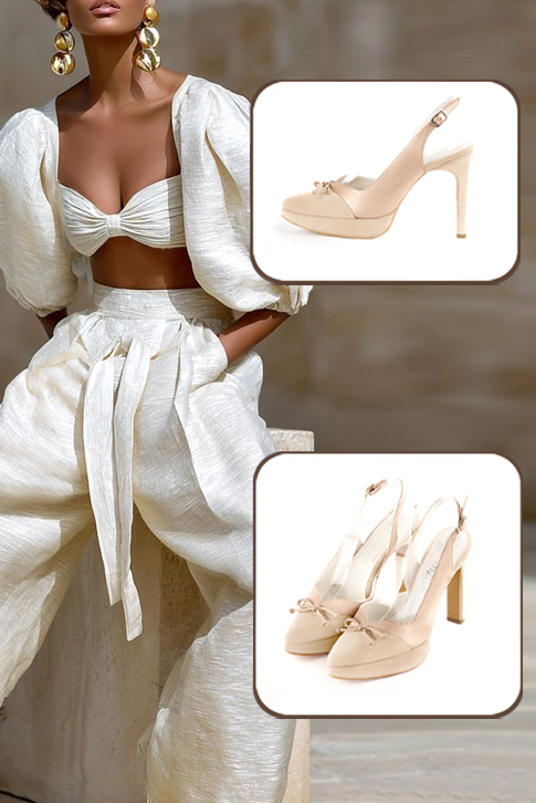 Escarpins nœud habillés bride arrière cuir blanc ivoire et or à talon fin de 12.5 cm avec une plateforme de 2.5 cm à l'avant et bout effilé - Vue du dessus