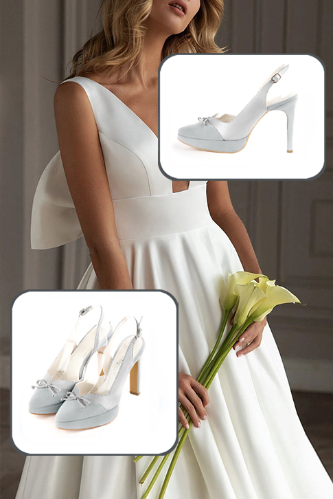 Escarpins nœud habillés bride arrière cuir gris perle et argent à talon fin de 12.5 cm avec une plateforme de 2.5 cm à l'avant et bout effilé - Vue du dessus