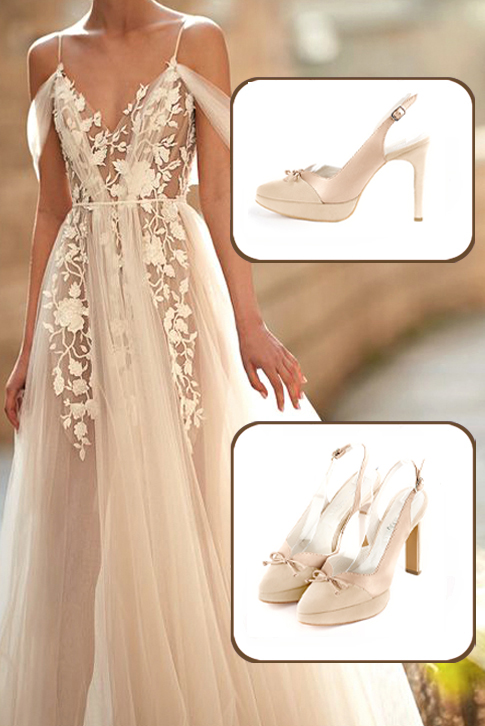 Escarpins nœud habillés bride arrière cuir blanc ivoire et or à talon fin de 12.5 cm avec une plateforme de 2.5 cm à l'avant et bout effilé - Vue du dessus
