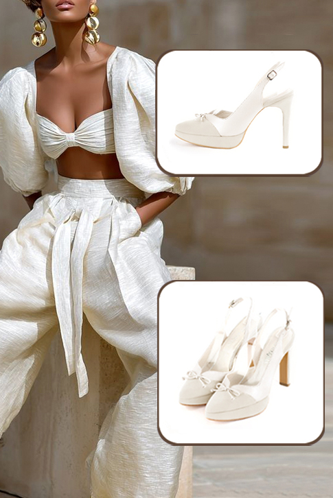 Escarpins nœud habillés bride arrière cuir blanc cassé et blanc pur à talon fin de 12.5 cm avec une plateforme de 2.5 cm à l'avant et bout effilé - Vue du dessus