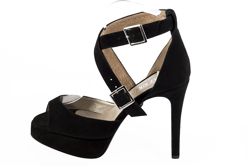 Sandale femme : Sandale soirées et cérémonies couleur noir mat. Bout rond. Talon très haut fin. Plateforme à l'avant. Vue de profil - Florence KOOIJMAN