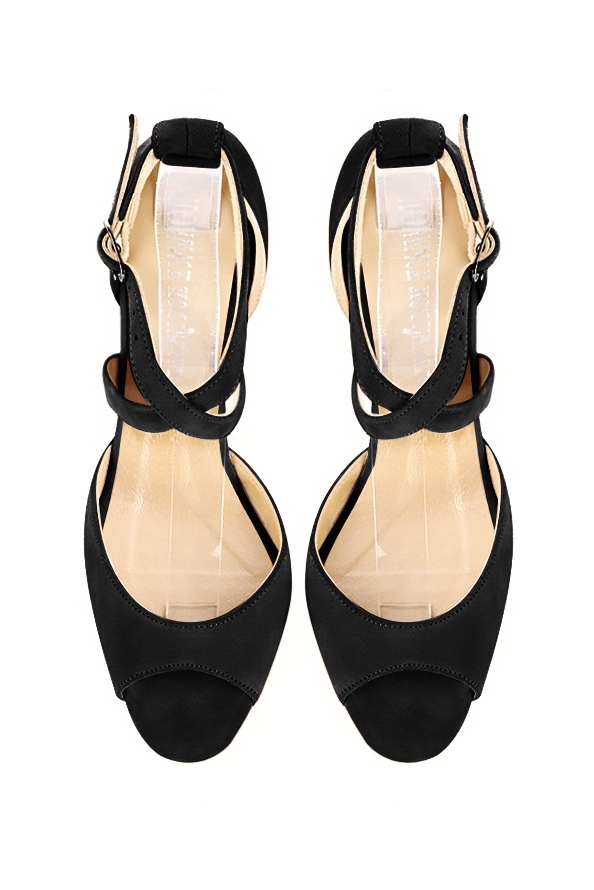Sandales habillées femme brides croisées arrière fermé cuir noir mat à talon virgule de 5.5 cm et bout carré - Vue du dessus