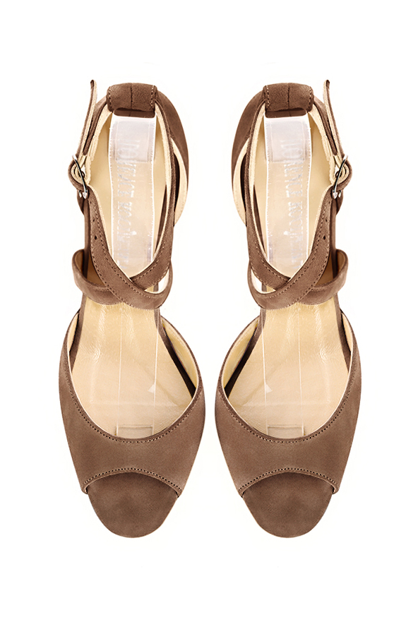 Sandales habillées femme brides croisées arrière fermé cuir marron chocolat à talon virgule de 5.5 cm et bout carré - Vue du dessus