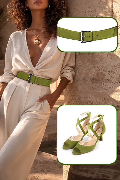Sandales femme brides croisées fermées à l'arrière vert pistache. Bout carré. Talon bobine de 6 cm - Vue porté